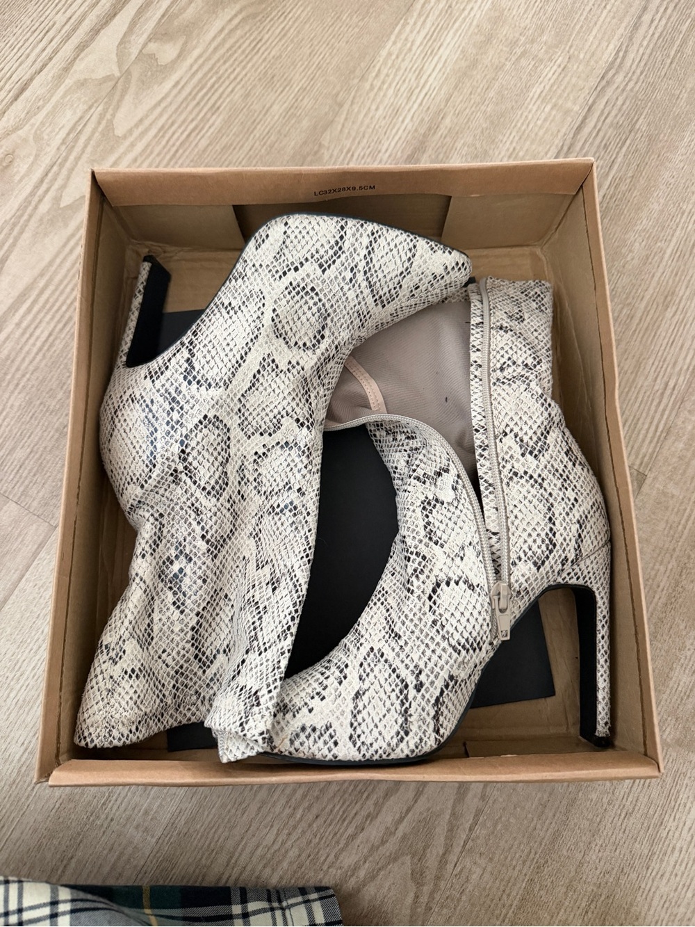 Pointed Snake-Print High Heel Ankle Boots in White